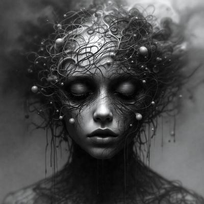 The primary subject of the image is a woman with a unique and intricate hairstyle. She has a head full of hair, and her face is adorned with a variety of beads and pearls. The setting appears to be a dark, moody environment, possibly a night scene. The visual style of the image is a combination of digital art and illustration, creating a striking and artistic representation of the woman's appearance. The colors and mood of the image are predominantly dark and mysterious, with
